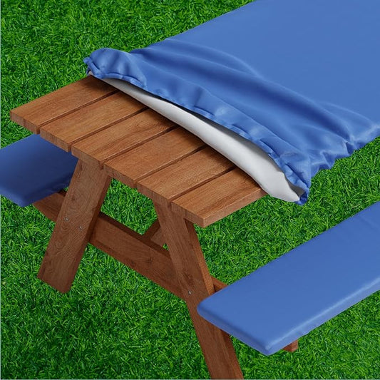 Sorfey Picnic Table Cover with Bench Covers -Fitted with Elastic, Vinyl with Flannel Back, Fits for Table 30"x 96" Rectangle,Water Proof, Solid Blue Design