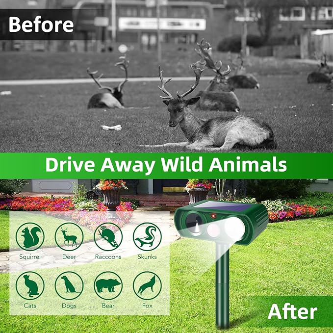 4 Pack Solar Ultrasonic Animal Repellent Squirrel Fortress Pro Outdoor,Cat Deer Repellent with Motion Detection Strobe Light,Waterproof Repeller for Raccoon Rabbit Dog Skunk,Yard Garden Protection