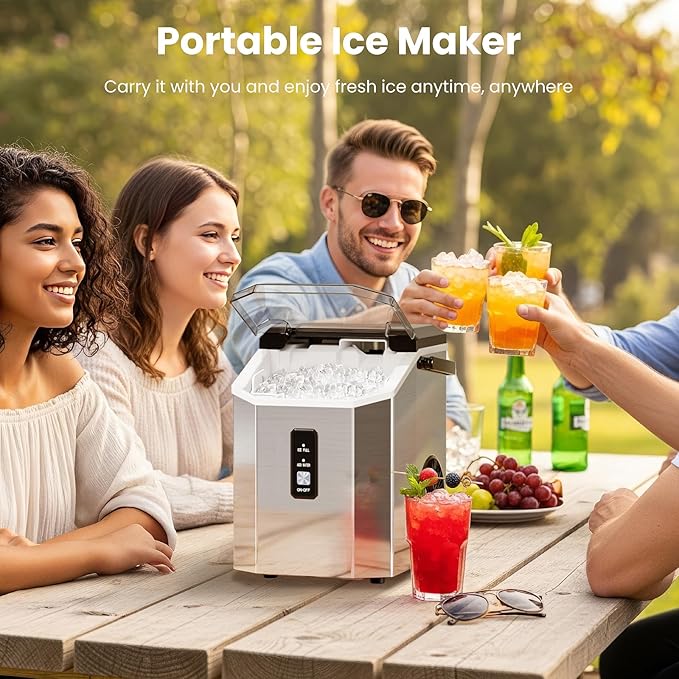 Antarctic Star Nugget Ice Makers Countertop with Self-Cleaning, 35lbs/24H, Portable Sonic Ice Maker Machine with Handle/Basket/Scoop for Home, Kitchen, Office, Camping(Stainless Steel Silver)