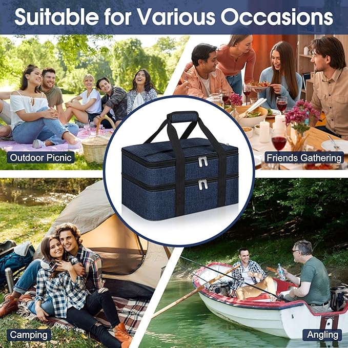 Double Insulated Casserole Carrier, Portable Casserole Carrier for Hot or Cold Food Lunch Tote Warmer or Cooler Bag, Lasagna Lunch Bag for Potluck Parties- Fits 9" x 13" Baking Dish-Navy blue