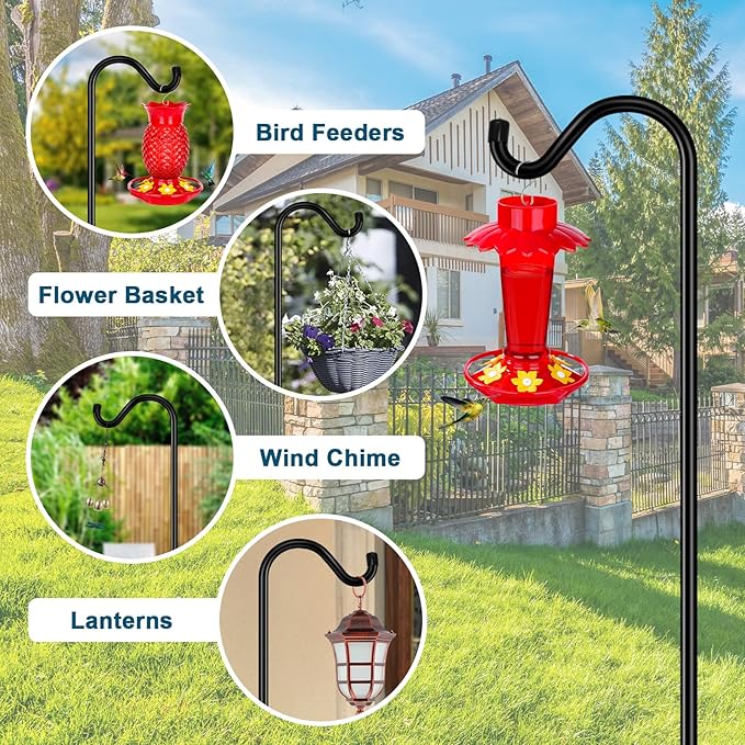 Gtongoko Shepherds Hook for Outdoor, 92 Inch Bird Feeder Pole with 7 Prongs Base, 3/4 Inch Thick Heavy Duty Adjustable Garden Hook for Hanging Plant, Hummingbird Feeder, Lantern, 1 Pack