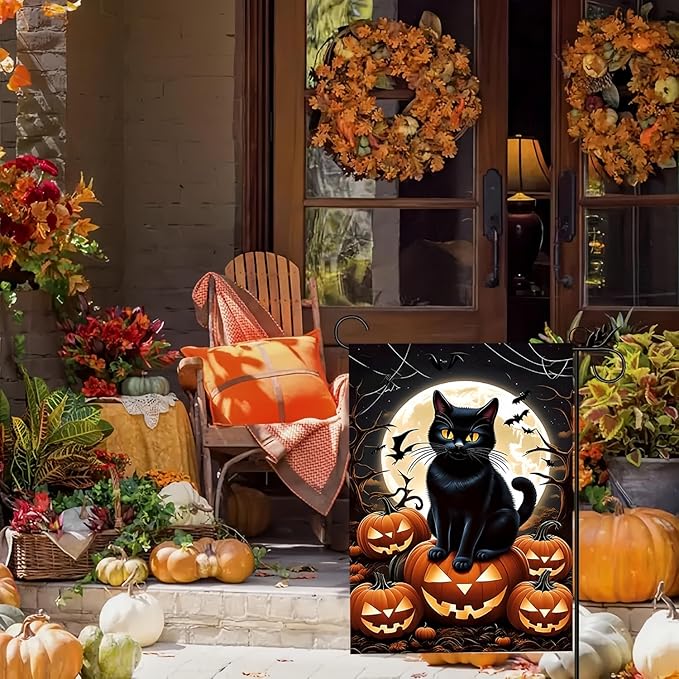 Halloween Garden Flag 12X18Inch Double Side, Jack O Lantern Yard flag, Cat Outside Small Garden Flag Decorative, Outdoor Flag for Holiday Patio Courtyard Lawn