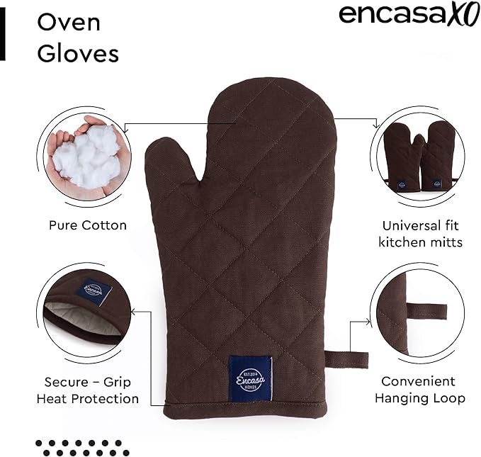 Encasa XO Heat Resistant Cotton Oven Gloves Mitts (2 Pc Set) - Quilted & Safe 12x6.6 in - for Kitchen, Cooking & Baking, Grilling, Handling Hot Pots & Pans - Dark Taupe & Beige