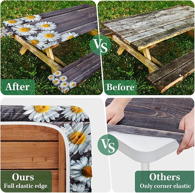 Picnic Table Cover with Bench Covers Elastic Edges, Chamomile Flower Fitted Table Cover, Outdoor Patio Camping Essentials 72 Inch 3PCS, Waterproof Camping Fitted Tablecloth with Drawstring Bag