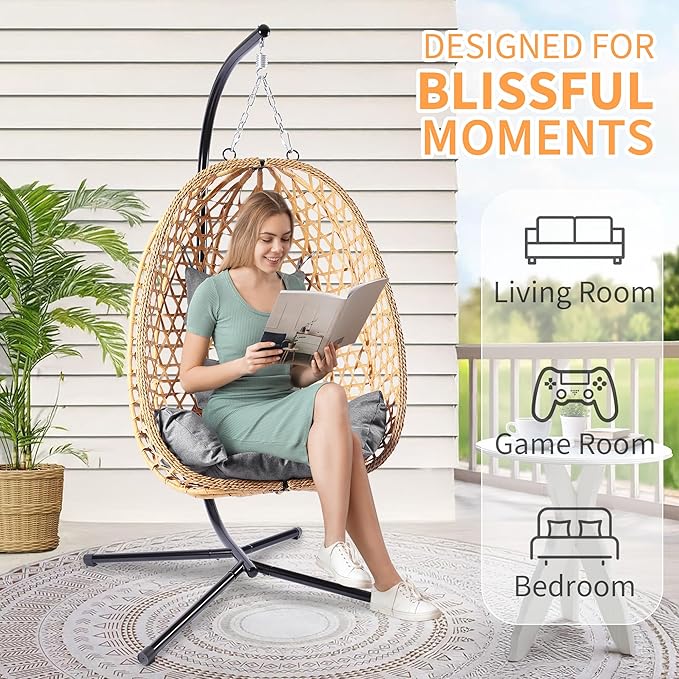 Hanging Egg Chair with Stand, Patio Wicker Swing Chair, Hammock Style with 350LBS Capacity for Bedroom, Balcony, or Garden (Yellow-Grey)