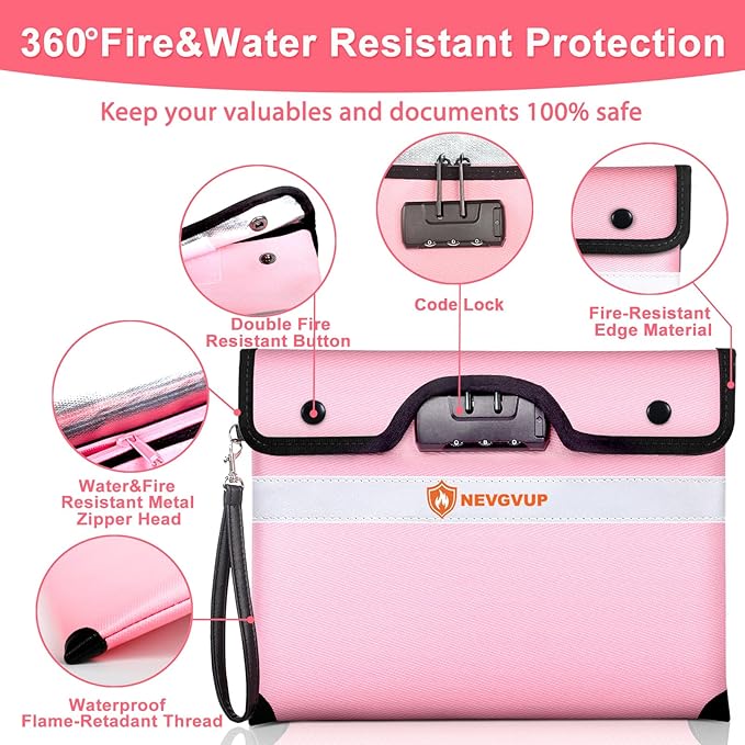 Upgraded 6200°F Fireproof Document Bag with Code Lock, Fire Proof Pouch w. Zipper/Reflective Strip, 9 Layers of Heat Insulated Materials, Fireproof Money Bag for Cash/Documents, Water Resistant