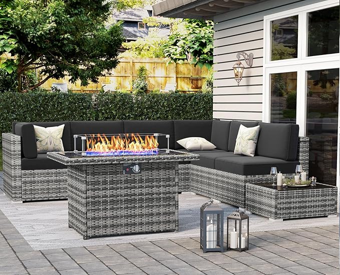 LayinSun 8 Piece Patio Furniture Set with Fire Pit Table, Outdoor Conversation Sets Wicker Rattan Sectional Sofa with Coffee Table