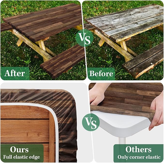 Picnic Table Cover with Bench Covers Elastic Edges, Brown Wood Fitted Table Cover, Outdoor Patio Camping Essentials 72 Inch 3PCS, Waterproof Camping Fitted Tablecloth with Drawstring Bag