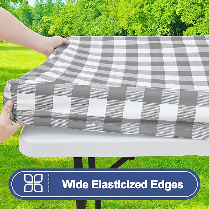 Smiry Picnic Table Cover with Bench Covers, Waterproof Elastic Fitted Tablecloths for 8 Foot Rectangle Tables, Washable Buffalo Plaid Tablecloth for Camping, Outdoor (Grey & White, 30"x96")