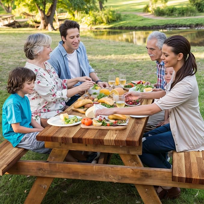 JAWO Picnic Table Covers with Bench Covers Wooden Pattern Camping Tablecloth 8FT for 8 Person Fitted Picnic Table Cover with Elastic Windproof Waterproof Fabric, Camping Accessories Patio & Outdoor