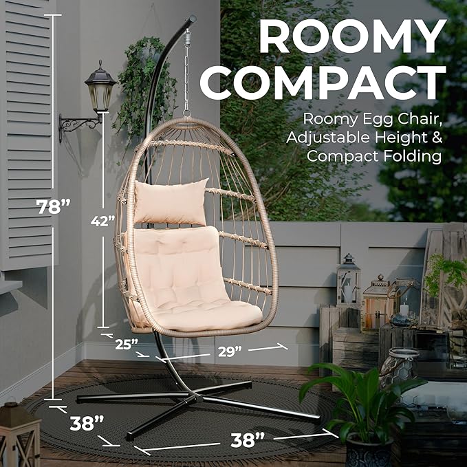 Econohome Hanging Egg Chair with Stand - Indoor/Outdoor Swing Hammock Chair with Plush, Washable Cushions, 350LBS Capacity, Ideal for Relaxation in Bedrooms, Balconies, Gardens, and Patios