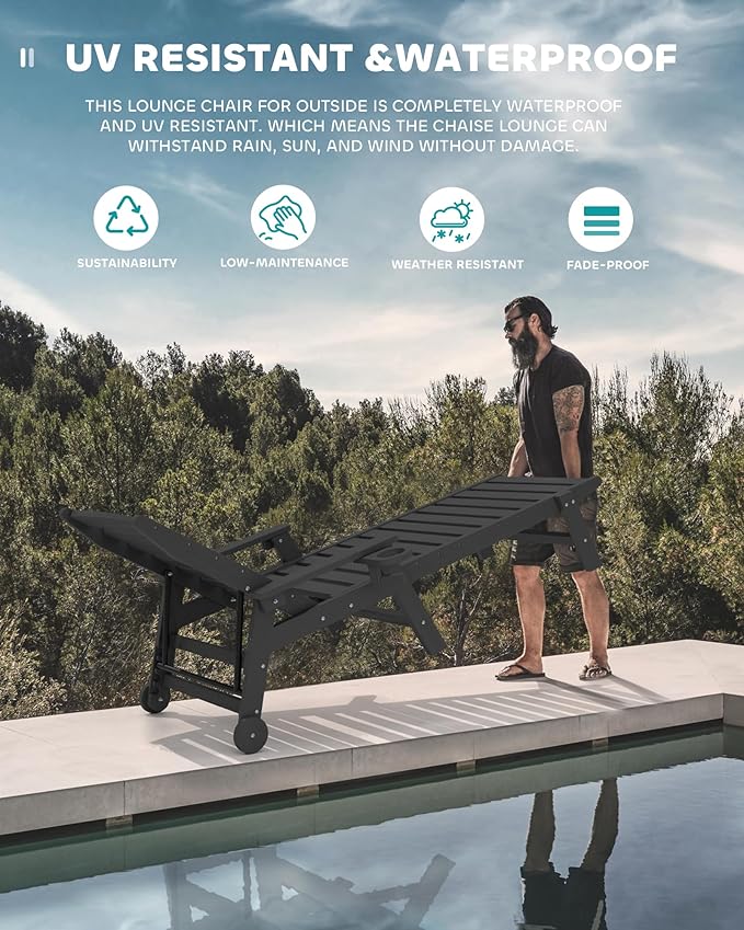 SERWALL Patio Chaise Lounge Chair, 78'' Long HDPE Outdoor Lounge Chair 5 Positions Adjustable Outdoor Lounger, Poly Lounge Chair with Rolling Wheels & Cup Holder for Pool, Obsidian Black