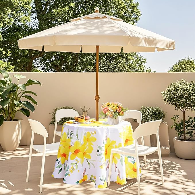 SquarePie Round Outdoor Talecloth, 60'' Waterproof Spill Proof Patio Table Cloth Cover with Umbrella Hole and Zipper for Spring Summer Party Picnic,Yellow Flower