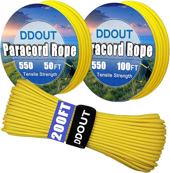 Paracord Nylon Rope Yellow 100ft with 7-Strand Core, 10 Colors and 50/100/200 ft, Type III Parachute Cord 4mm for Camping, Survival, Hiking, DIY, Crafting, Outdoor Utility Rope