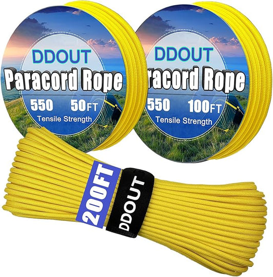 Paracord Nylon Rope Yellow 100ft with 7-Strand Core, 10 Colors and 50/100/200 ft, Type III Parachute Cord 4mm for Camping, Survival, Hiking, DIY, Crafting, Outdoor Utility Rope