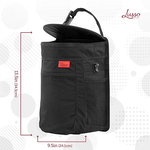 Lusso Gear Spill-Proof Car Trash Can - 2.5 gal Black Oxford - Leakproof & Waterproof Hanging Car Trash Bin - Organization Accessories with Removable Liner & Mesh Pockets - Boat Garbage Can