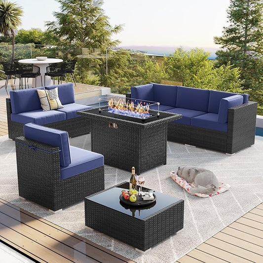 LayinSun 8 Piece Patio Furniture Set with 44" Propane Gas Fire Pit Table, Outdoor Sectional Conversation Set Wicker Rattan Sofa Set with Coffee Table