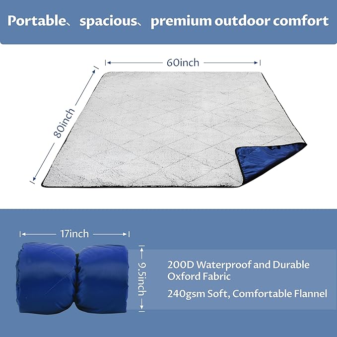 Tirrinia Waterproof Outdoor Blanket with Sherpa Lining, Windproof Triple Layers Warm Comfy Foldable for Camping Stadium, Beach, Picnic, Grass, Concerts, Car, Dog, 51''X 59'' & 59''X 80''