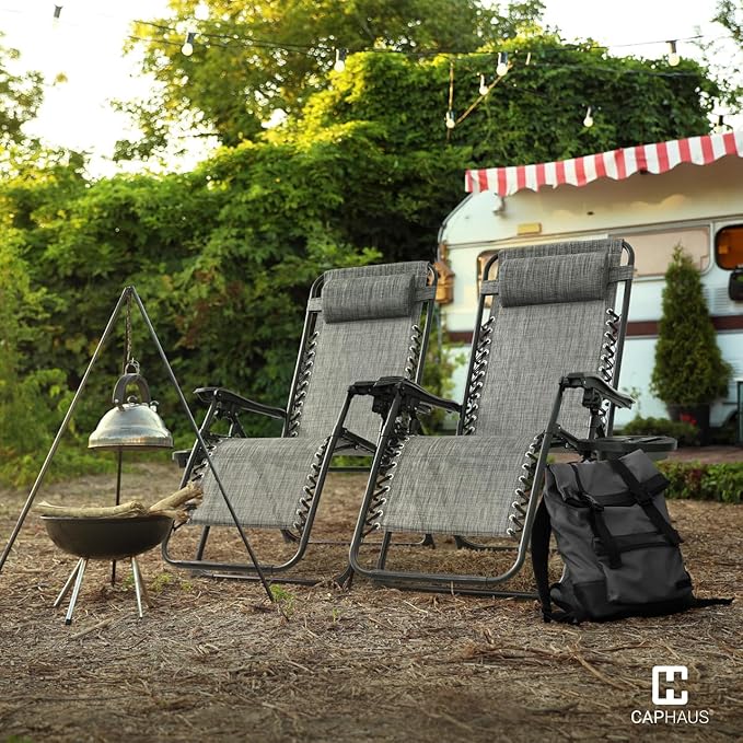 CAPHAUS Set of 2 Grey Zero Gravity Chair, Zero Gravity Recliner, Zero Gravity Lounge Chair, Anti-Gravity Chair for Indoor & Outdoor, Folding Reclining Chair w/Side Tray, Adjustable Pillow, Grey