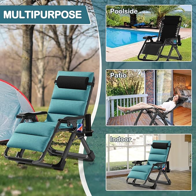NAIZEA Padded Zero Gravity Chair, Folding Outdoor Lounge Chairs, Adjustable Reclining Camping Chairs with Cup Holder, Ergonomic Patio Lawn Chair for Balcony Beach Deck Yard
