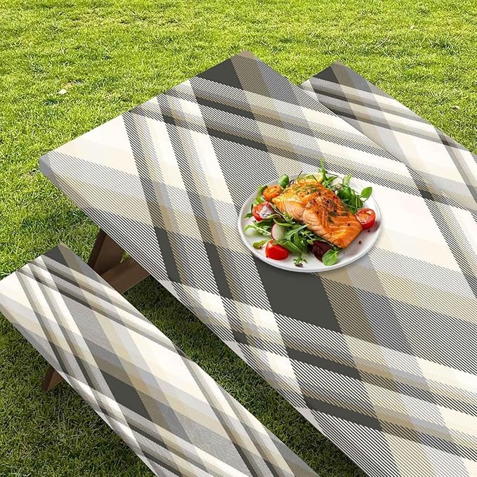 CAPSCEOLL Picnic Table Cover with Bench Covers Farm Plaid Waterproof Camping Tablecloth All-Weather Outdoor Table Protector with Drawstring Bag for Camping Essentials, 72X30in, Grey White
