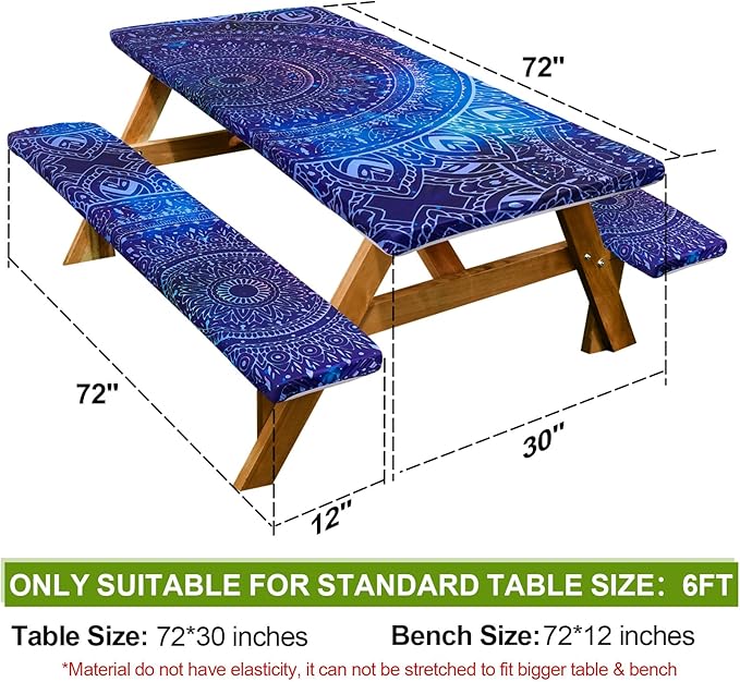 Picnic Table Cover with Bench Covers Camping Essentials Waterproof Windproof Camping Tablecloth with Drawstring Bag, Fitted Rectangle Tables and Seats, 72in, Blue Purple
