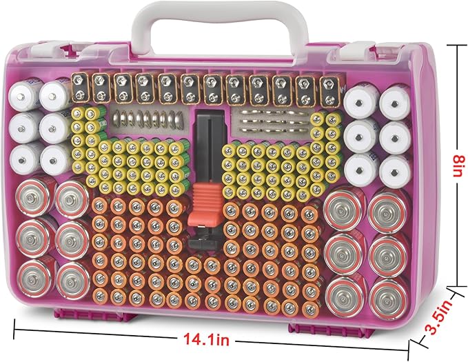 Battery Organizer Storage Holder Case with Double-Sided, Garage Box with Tester Checker. Batteries Container for 269pcs AA AAA AAAA 3A 4A 9V C D Lithium 4LR44 CR2 CR123A CR1632 CR2032 18650 - Purple