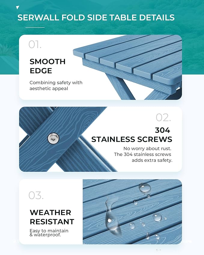 SERWALL Folding Adirondack Side Table, Portable Small Outdoor Table, Weather Resistant Outdoor End Table for Camping and Garden, Navy