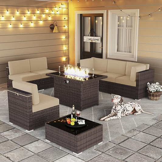 LayinSun 8 Pieces Outdoor Patio Furniture Set with 44" Fire Pit Table Brown Rattan Sectional Sofa Conversation Sets