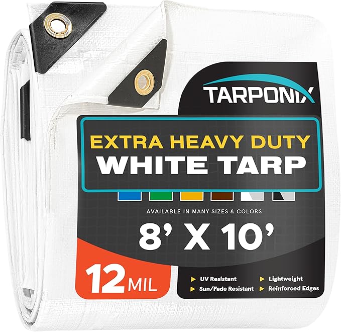 8' x 10' Extra Heavy-Duty White Poly Tarp – 12 Mil Thick, Waterproof, UV-Resistant Polyethylene with Reinforced Edges, Double-Stitched Hems, and Rustproof Grommets