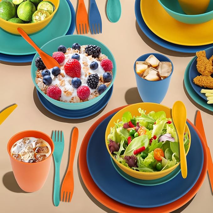 64-Piece Service for 8 Dinnerware Set - Unbreakable Wheat Straw Dinnerware sets of 64 - Dinner plates/Snack plates/Cereal bowls/Drinking Cups/Cutlery for Outdoor camping and indoors.Colorful