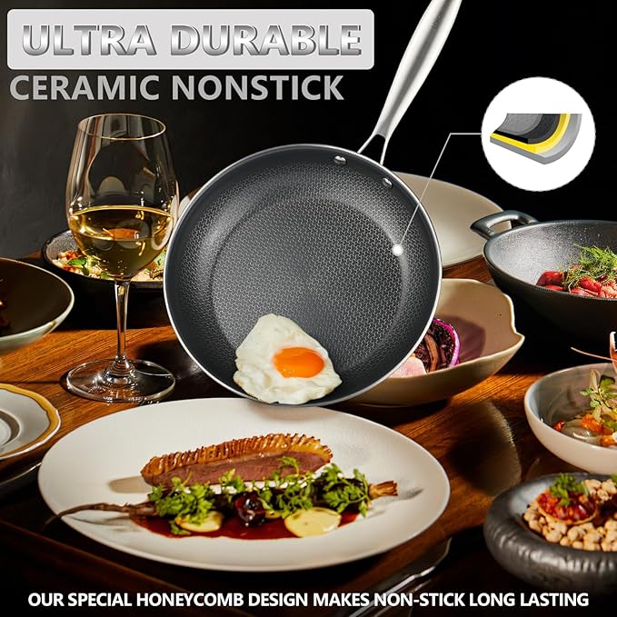 Stainless Steel Nonstick Frying Pan, Hybrid Ceramic 8-Inch Frying Pans, Stay-Cool Handle, PFAS & PFOA PTFE Free, Dishwasher & Oven Safe, Scratch-Resistant, Compatible with Induction & All Cooktops