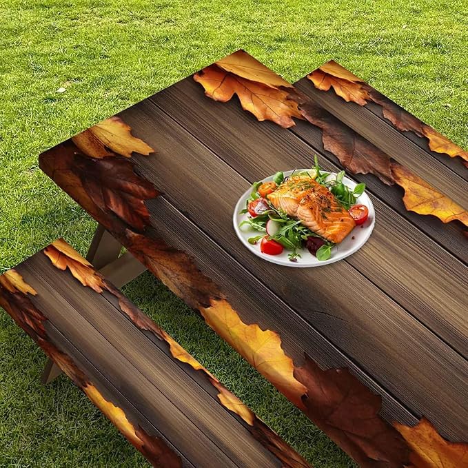 CAPSCEOLL Fitted Picnic Table Cover with Bench Covers with Elastic 6Ft Waterproof Camping Picnic Table Cover Cloths for Outdoors Camping Tablecloth with Drawstring Bag, 72X30in, Brown Wood