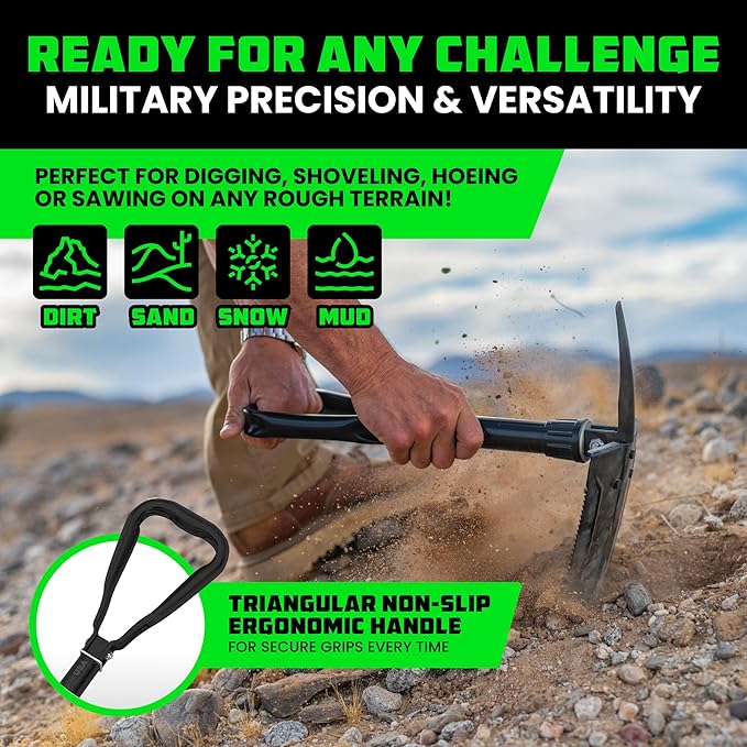 RHINO USA Folding Survival Shovel w/Pick - Heavy Duty Carbon Steel Military Style Entrenching Tool for Off Road, Camping, Gardening, Beach, Digging Dirt, Sand, Mud & Snow.