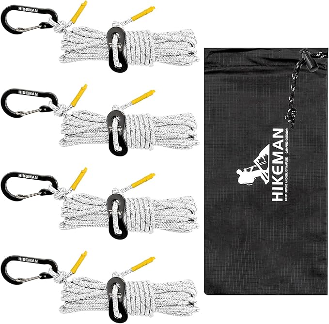 HIKEMAN Reflective Tent Rope Guyline - 4M Camping Guide Ropes,3mm Tent Guy Ropes Cord with Aluminum Tensioners Adjuster for Outdoor Camping Hiking Caravan Awning Tents (White, 3mm)