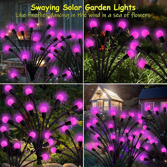 Solar Garden Lights Outdoor, 10 Pack 80 LED Pink Firefly Lights Waterproof, Sway by Wind, Solar Wind Swaying Light for Yard Patio Backyard Garden Planter Flower Bed Pathway Decoration