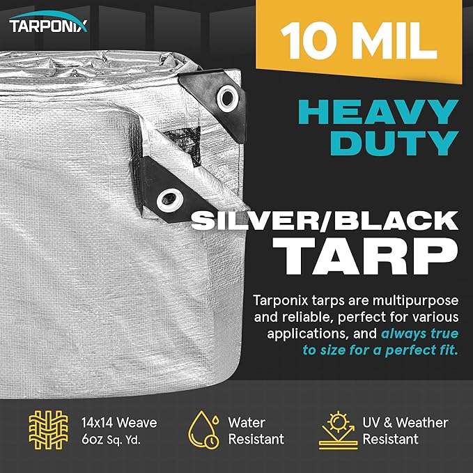 20' x 25' Dual-Sided Heavy-Duty Tarp – 10 Mil Tear-Resistant Silver & Black Cover with Reinforced Edges and Anti-Rust Grommets
