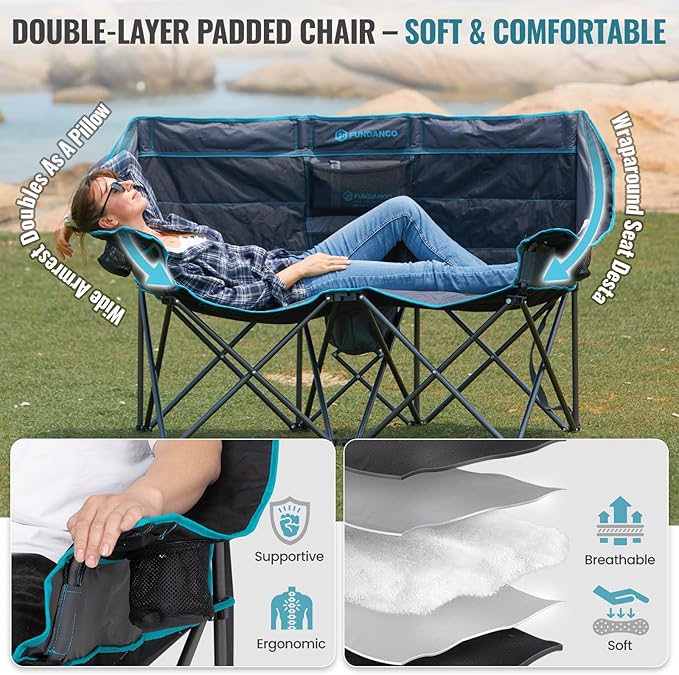 FUNDANGO Double Camping Chair with Cooler, 2 Person Folding Oversized Loveseat Camp Chairs for Adults Fully Padded Couch with Cup Holder Carry Bag for Outdoor Lawn Beach Patio Support 660 LBS