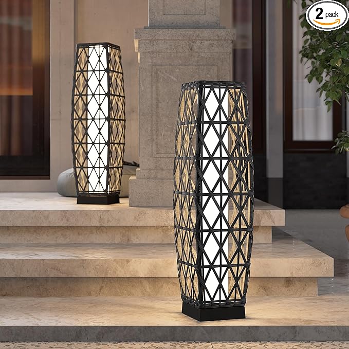 Grand patio 2-Piece Solar Outdoor Floor Lamp Solar Powered Wicker Lantern Outdoor Weather-Resistant Deck Light for Garden Porch Yard-Silver Gray, Large Cindy