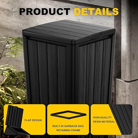 Vixzen 36 Gallon Kitchen Trash Can with Lid,Outdoor Waterproof Resin Waste Bin,Lightweight,Sturdy Garbage Bin for Patio,Kitchen,Backyard，Black