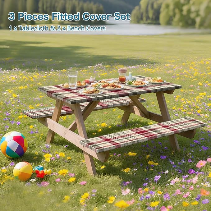 Picnic Table Cover with Bench Covers, 3 Pcs Waterproof Elastic Picnic Table Cover Fall Outdoor Camping Essentials, Windproof Fitted Tablecloth for Indoor Outdoor (Plaid, 72X30 Inch)