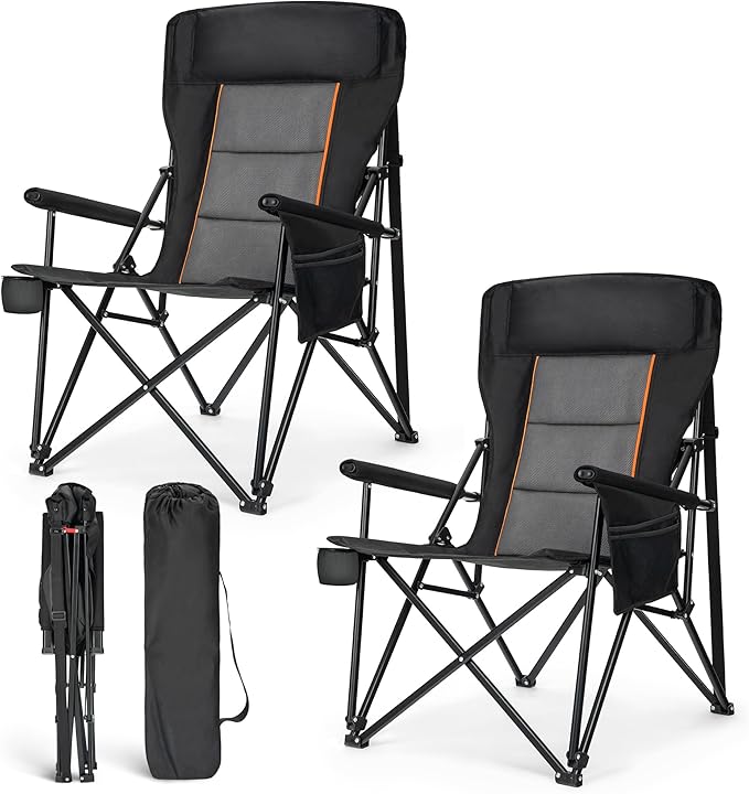 ALPHA CAMP Oversized Folding Camping Chairs for Adults High Backrest Heavy Duty Lawn Chairs Support 500 LBS Portable Camp Chairs with Cup Holders Large Side Pocket Outdoor Chair 2 Pack