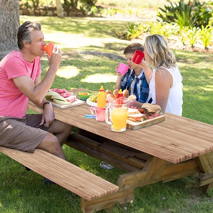 Picnic Table Cover with Bench Covers Elastic Edges, Brown Map Wooden Fitted Table Cover, Outdoor Patio Camping Essentials 72 Inch 3PCS, Waterproof Camping Fitted Tablecloth with Drawstring Bag