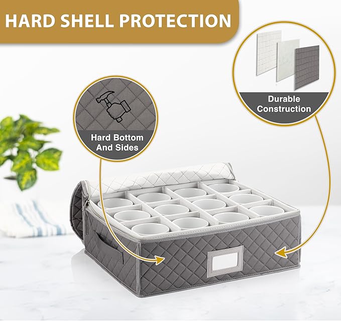 Stack Store Plus More China Cup Storage Chest - Quilted Fabric Container in Gray Measuring 16" x 13" x 6"H - Perfect Storage Case for Coffee Mugs - Tea Cups - Mason Jars - Glassware