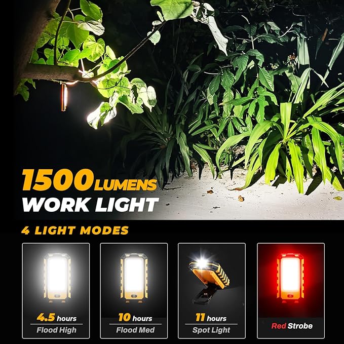 2Pack LED Work Light, 1500Lumens Rechargeable Magnetic Flashlight Rotatable Mechanic Light with Hanging Hook Job Site Lighting, Portable Worklight for Repairing Working Camping Hiking