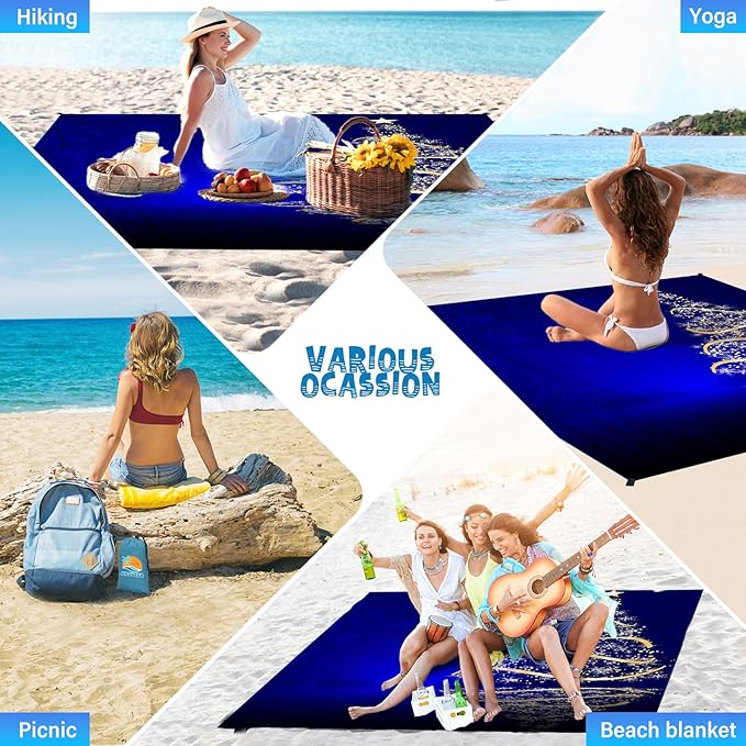 Beach Blanket Waterproof Sandproof 1-7 Adult Oversized 78 '' × 81 '' Lightweight Durable Compact Sand Free Beach Mat for Travel Camping Hiking Picnic Blanket Extra Large