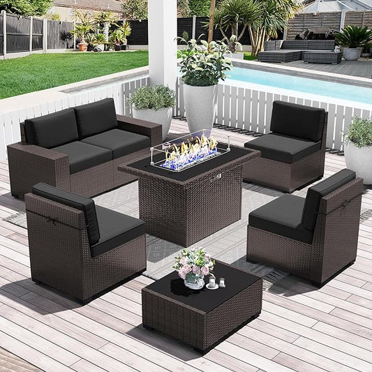 LayinSun 7 Pieces Outdoor Patio Furniture Set with 44" Fire Pit Table Brown Rattan Sectional Sofa Conversation Sets
