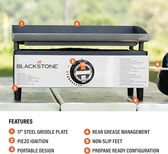 Blackstone 2142 Original 17” Tabletop Griddle with Low-Maintenance Stainless Steel Front Plate, Powder Coated Steel, Black