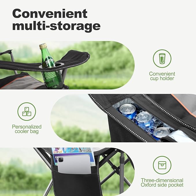 LET'S CAMP Folding Camping Chair Oversized Heavy Duty Padded Outdoor Chair with Cup Holder Storage and Cooler Bag, 450 LBS Weight Capacity, Thicken 600D Oxford,2 Pack