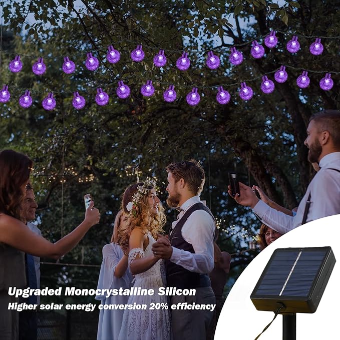 Solar Lights Outdoor Waterproof, 2 Pack Total 200LED 110FT Solar String Lights for Outside with 8 Modes, Outdoor String Lights Crystal Globe Patio Lights for Garden Yard Party Decor(Purple)